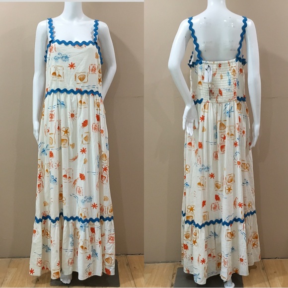 Cece Maxi Sundress Seashore Linen Blend Smocked Back Beach Resortwear Women L - Picture 1 of 6